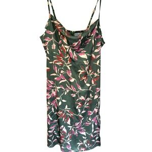Slip Dress Women's 1XL Spaghetti Strap Green Floral‎ Stretch Back Slit 40"L